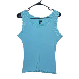 Y2K Cha Cha Vente Baby Blue Tank Top Lace Trim Size L 2000s Lettuce Hem USA Made